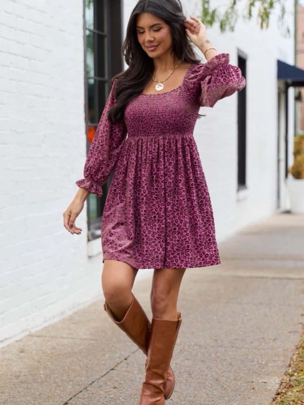 Pink Lily Mauve Floral Smocked Mini Dress
